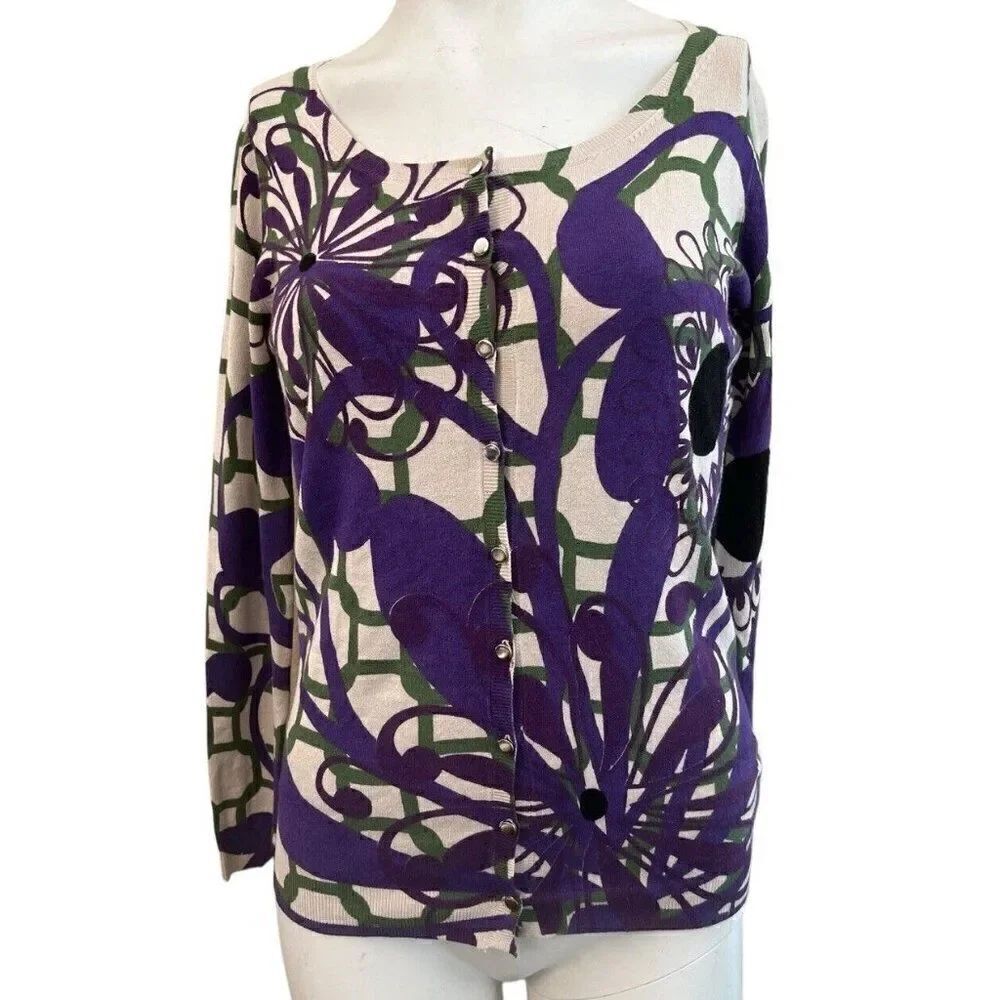 Vertigo Paris Womens Small Button Cardigan Sweater Grape Geometric NWT $160